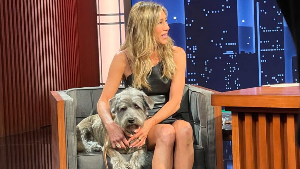 Jennifer Aniston goes on Jimmy Kimmel Live with her dog Clyde in August 202, addressing Barack Obama Affair rumors.