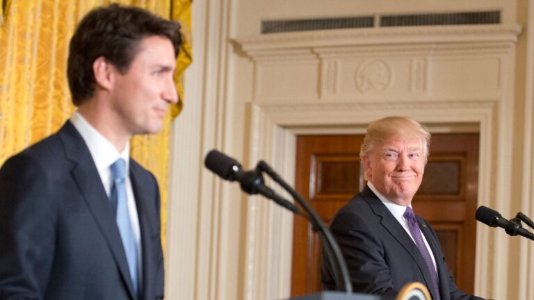 US President Donald Trump and Canadian Prime Minister Justin Trudeau give a joint press conference in the East Room of the White House in Washington, D.C. 13 Feb 2017