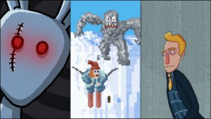 Characters from three games featured in the Laughs & Smiles Steam Festival, including a creepy bunny, a yeti, and an exhausted man