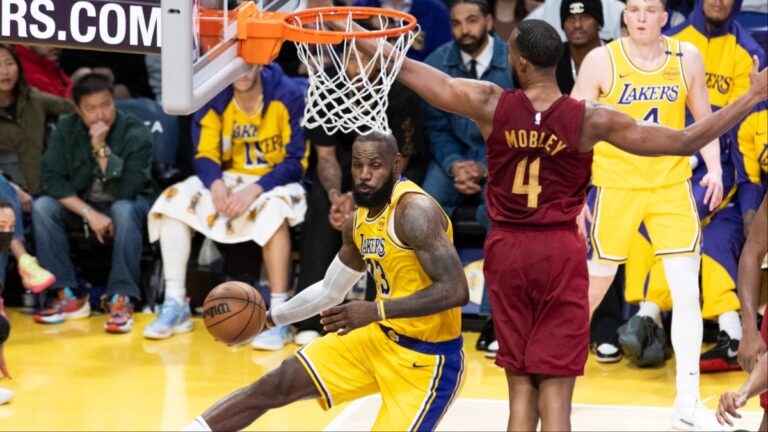 LeBron James met at the rim by Evan Mobley in Cleveland