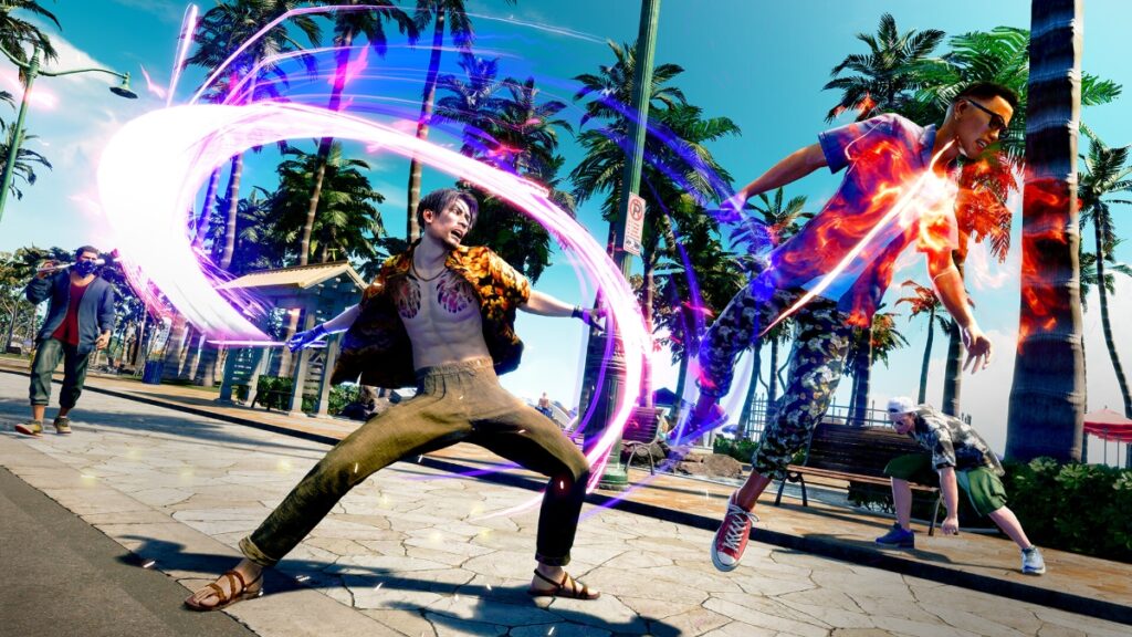 One man strikes another with a purple energy slash, sending him flying, in Like a Dragon: Pirate Yakuza in Hawaii