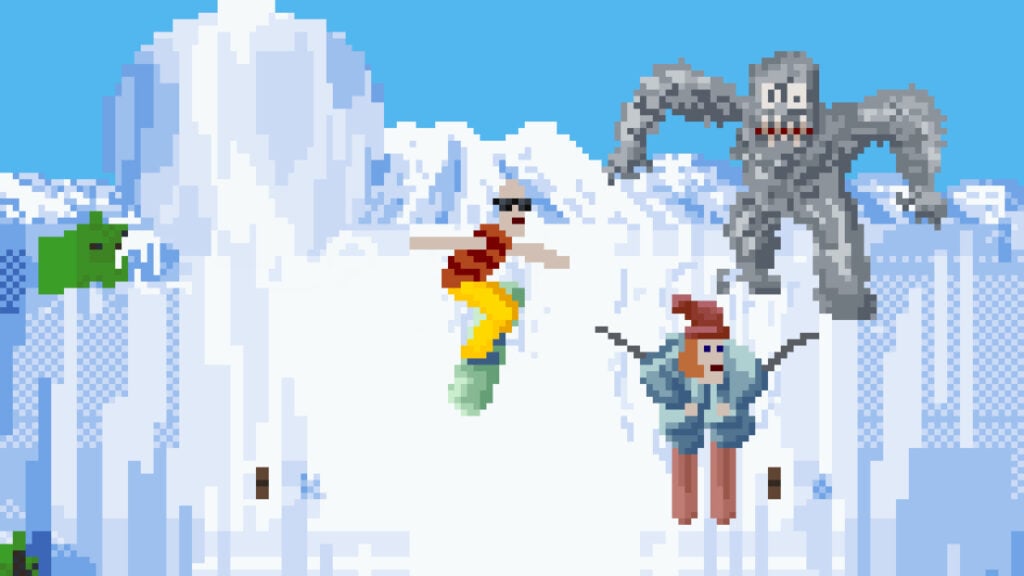 A yeti looms behind two skiers on a slope in McPixel 3