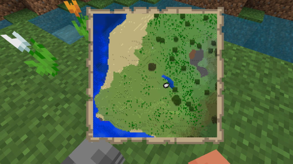 A close-up of a locator map depicting grassland and beach in Minecraft