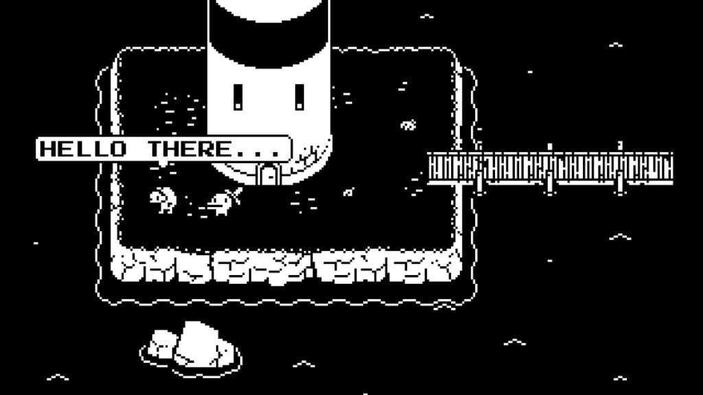 A black-and-white pixel lighthouse in Minit