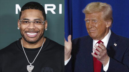 A photo collage of Nelly and Donald Trump