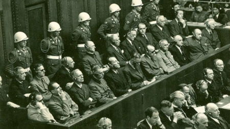 Nazi defendants sit and listen during the Nuremberg Trials