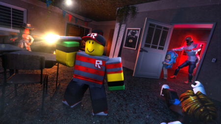 Ghost hunters explore a spooky house and get scared by a monster in Roblox Blair