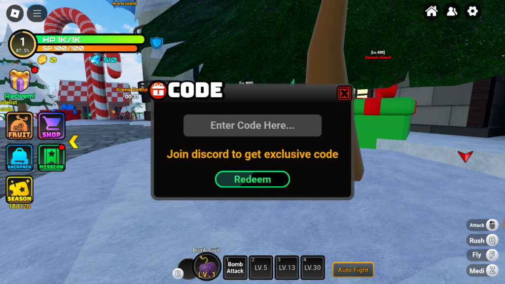 The code redemption screen in Roblox Fruit Reborn