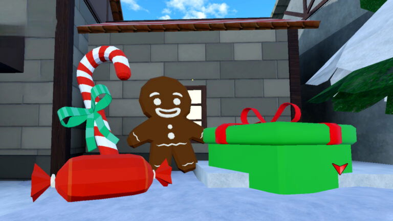 Presents, candy, and a giant gingerbread man in Roblox Fruit Reborn