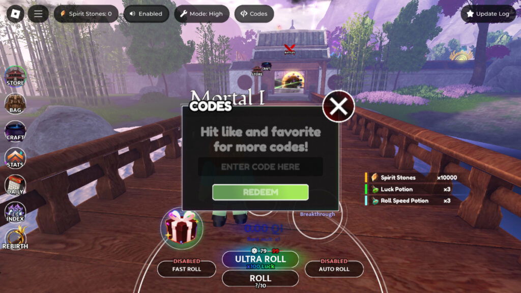 The code redemption screen in Roblox Immortal Luck