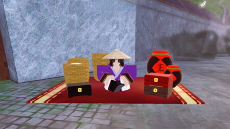 A merchant sits on a carpet beside their wears in Roblox Immortal Luck