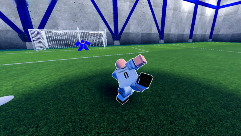 The player aims a kick at the goal in Roblox LockOver