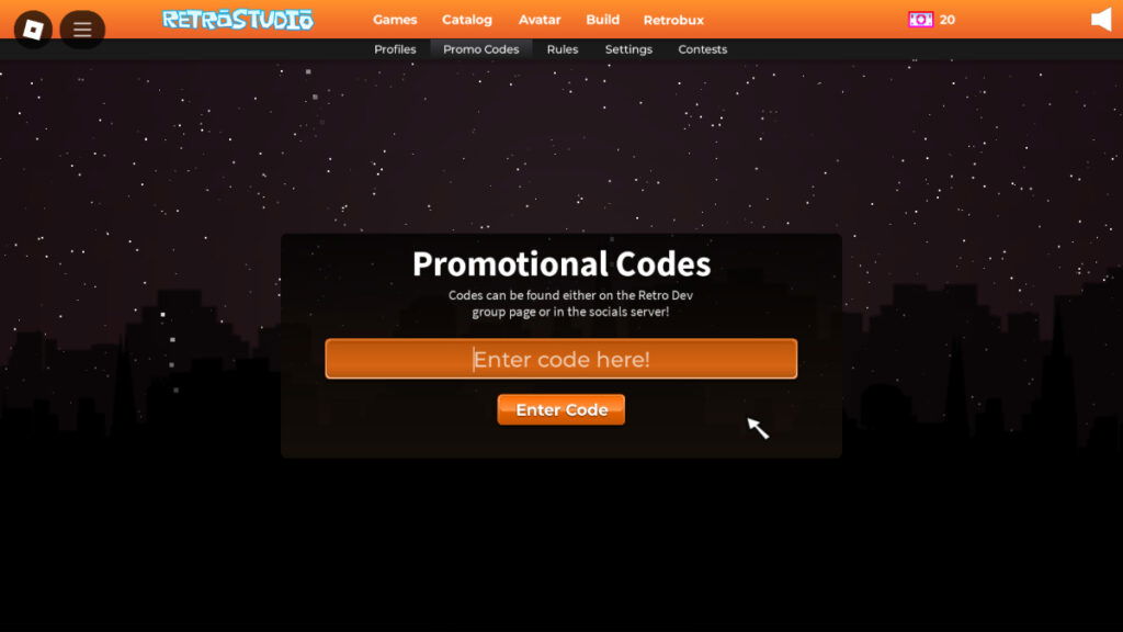 The code redemption screen in Roblox Retrostudio
