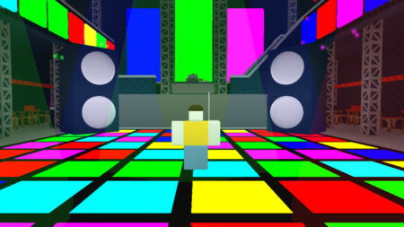 A dance floor composed of brighly colored tiles in Roblox Retrostudio