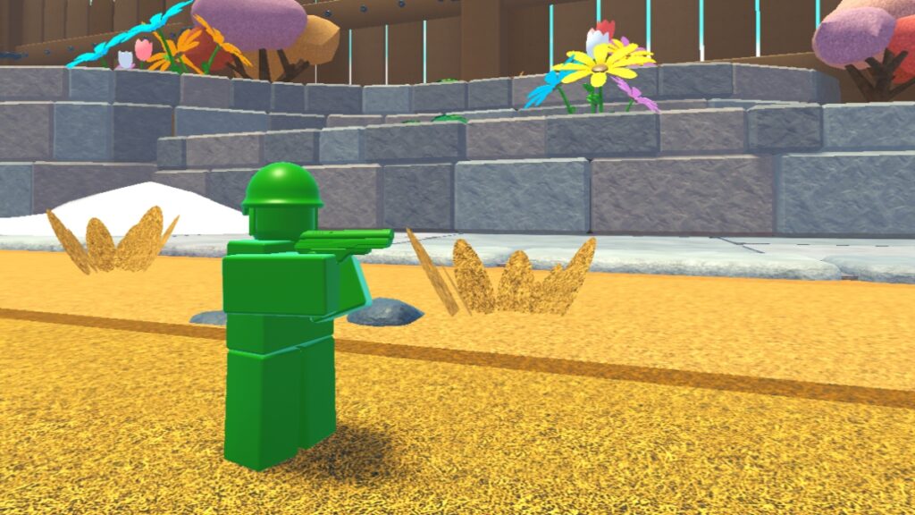 A green toy soldier takes aim in the backyard in Roblox Toy Defense