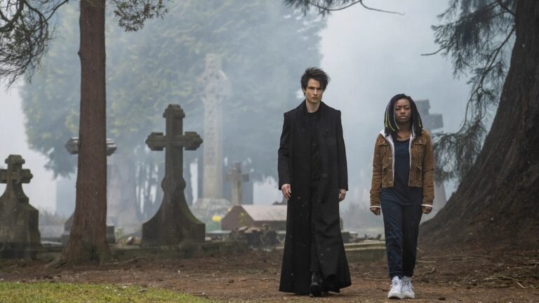 Dream and Rose walking away from a grave in Netflix's The Sandman