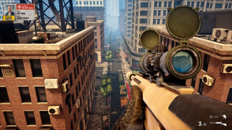 The player prepares their sniper rifle from a rooftop crow's-nest in the middle of a city