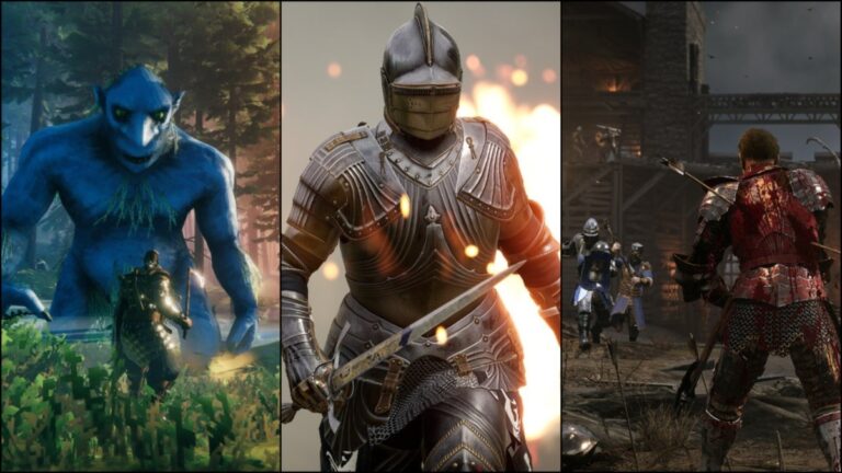 Exciting battle scenes from three games featured in the Steam Feudal Festival (Valheim, Chivalry 2, and Mordhau)