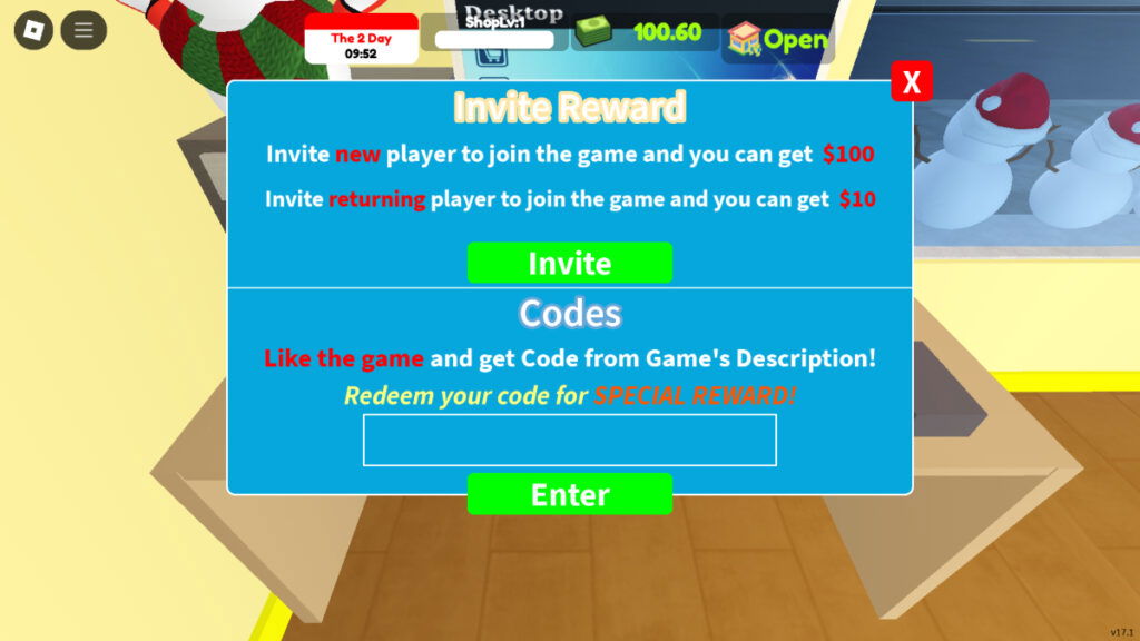 The code redemption screen in Roblox Supermarket Simulator