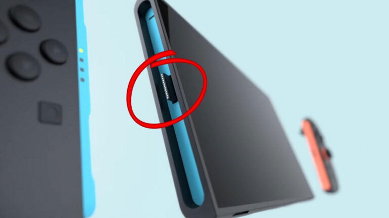 A protruding connector circled on the Nintendo Switch 2