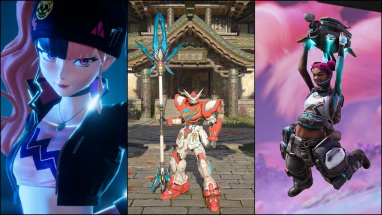 Characters from three PvP games popular on Steam: Palworld, Naraka: Bladepoint, and Apex Legends