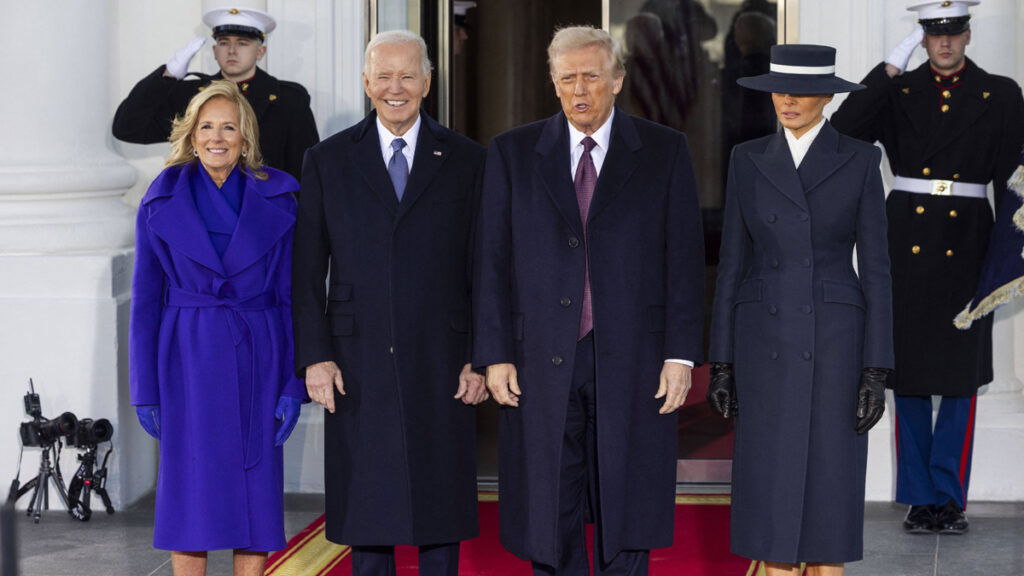 Outgoing president Joe Biden with first lady Jill Biden standing at the steps of Capitol building with president-elect Donald Trump and his wife Melania Trump