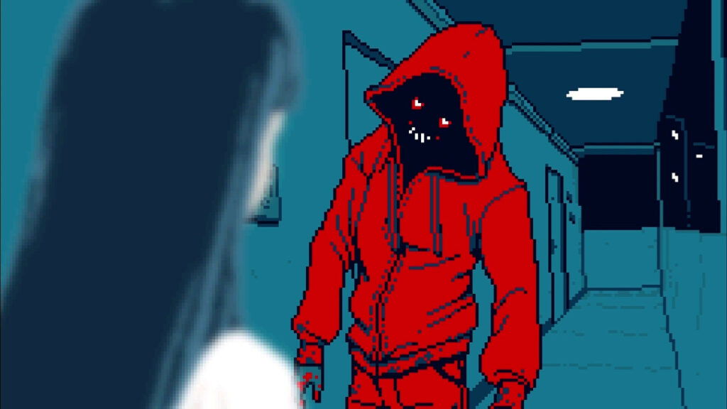 A sinister figure in a red hoodie leers at another character