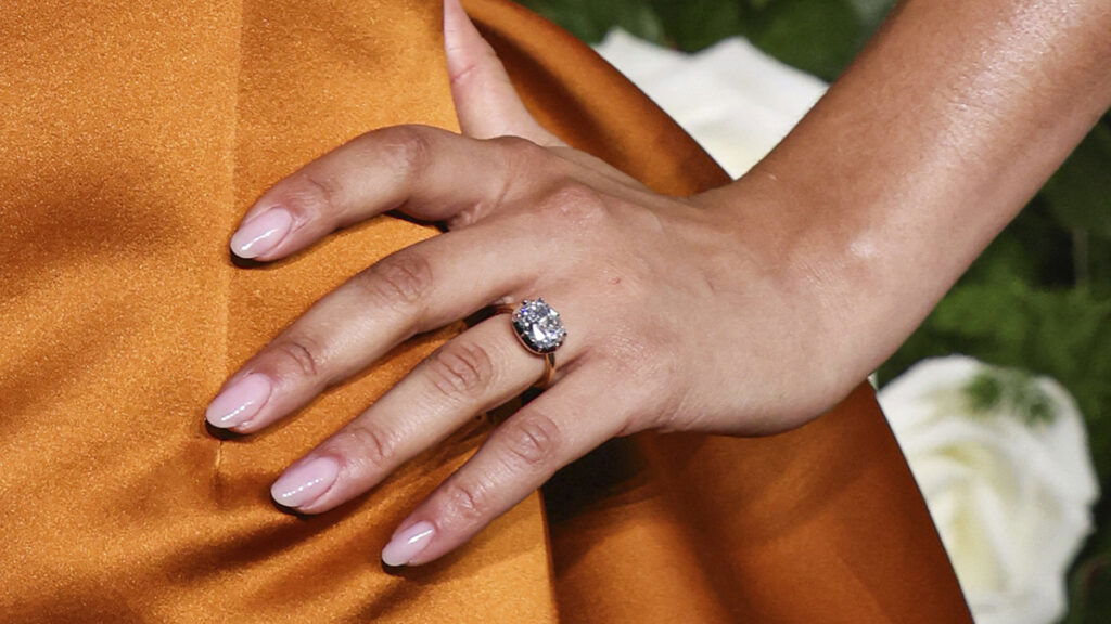 A closeup photo of Zendaya's engagement ring at the 82nd Annual Golden Globe Awards