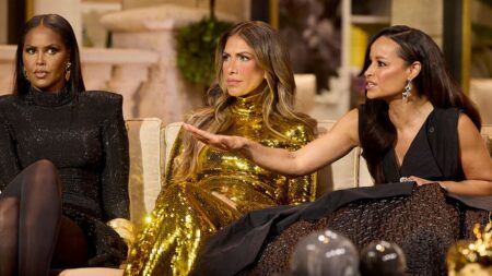 Ubah Hassan, Erin Lichy, and Sai De Silva sitting on the couch during the RHONY reunion.