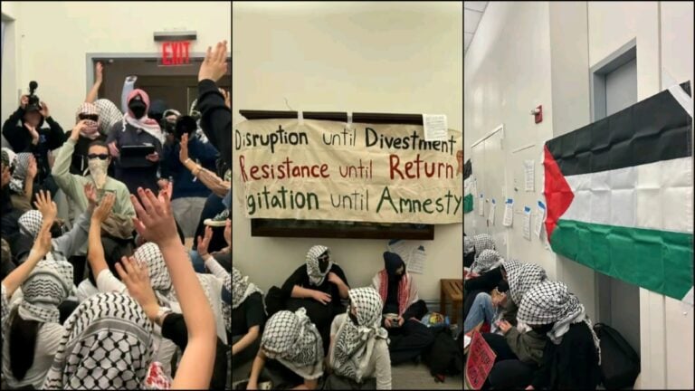 A collage of photos showing the Barnard Collage protestors, Palestinian flags, and a sign with the protestors' demands