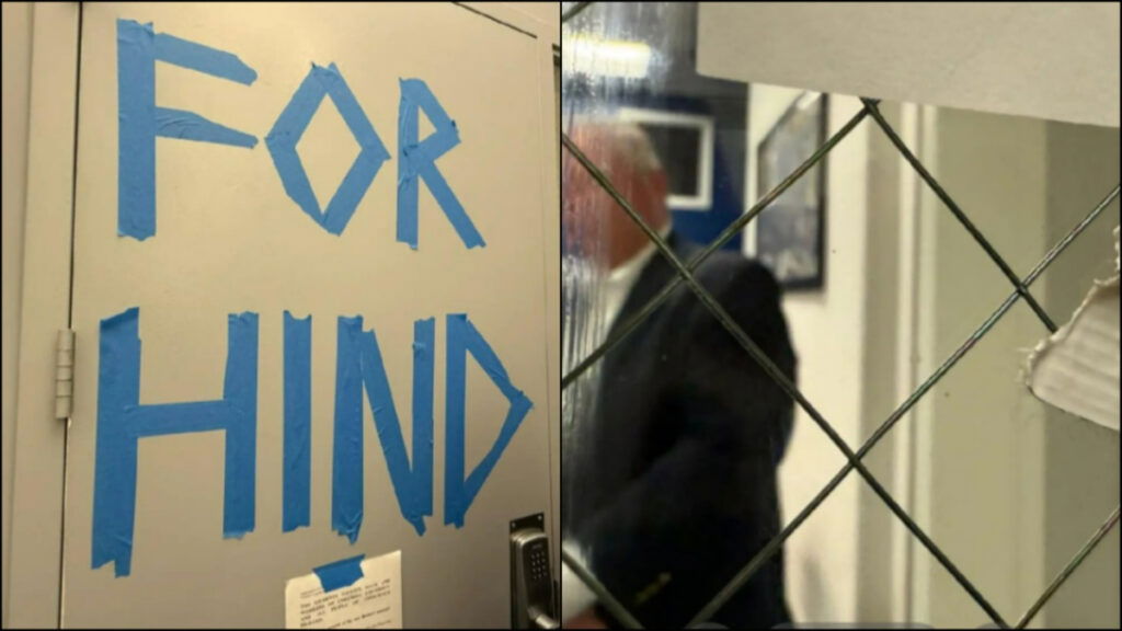 A sign saying "For Hind" made from blue tape on a door at Barnard College, paired with a photo of a man obscured behind barred glass