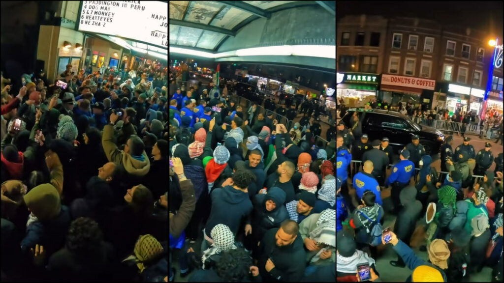 A collage showing a crowd of protesters surround police officers and force them away from a theater in Bayside New York