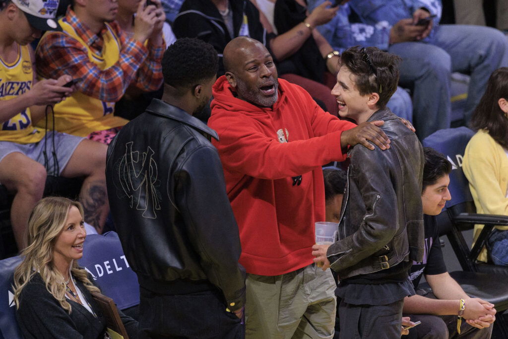 Corey Gamble, Timothee Chalamet, and Stéphane Bak at the Lakers vs. Timberwolves game