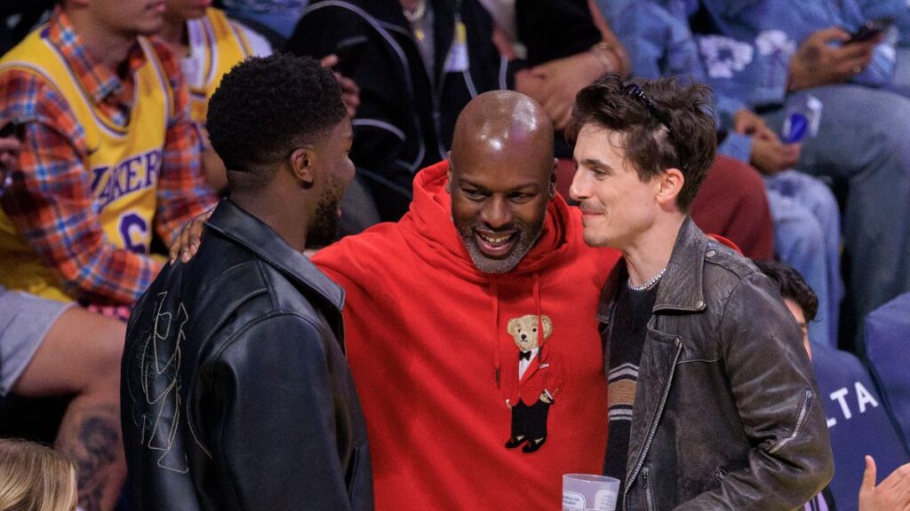 Corey Gamble, Timothee Chalamet, and Stéphane Bak at the Lakers vs. Timberwolves game