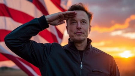 Elon Musk salutes in front of an American flag