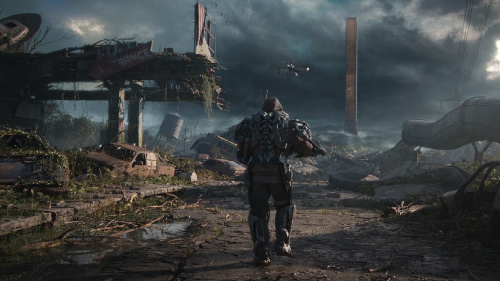 A mercenary in an exosuit walks through the ruins of a town in Exoborne as a storm approaches