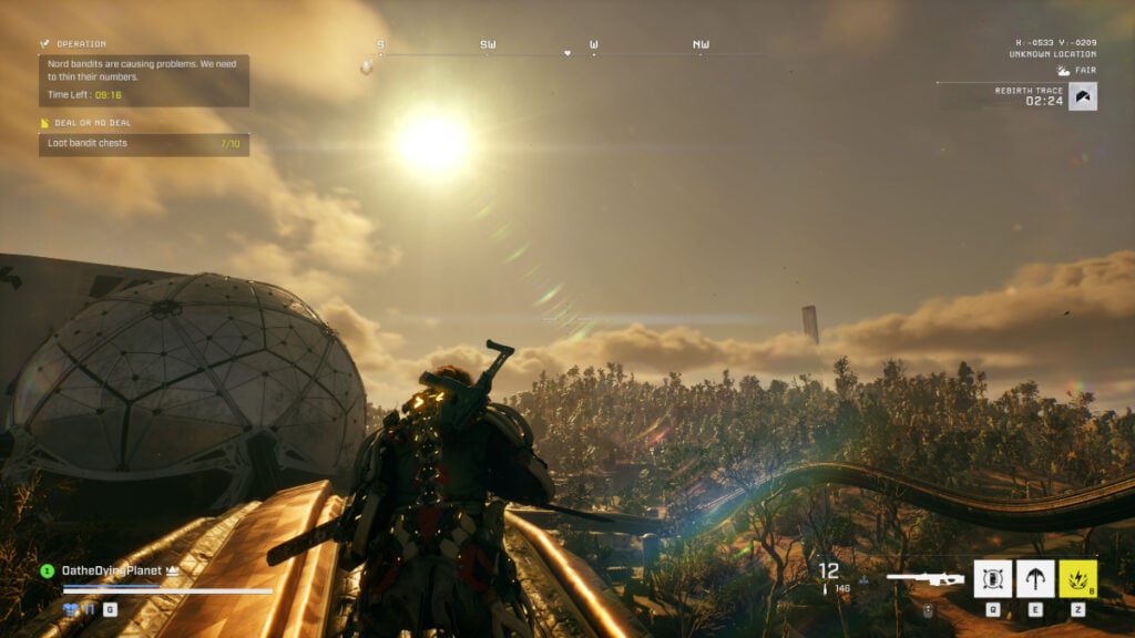 The sun glares down on a sniper's perch as a mercenary takes position with their rifle in Exoborne