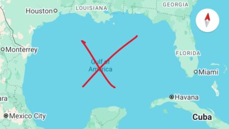 A Google Maps shot of the Gulf of Mexico, rebranded as the Gulf of America, with the name crossed out in red