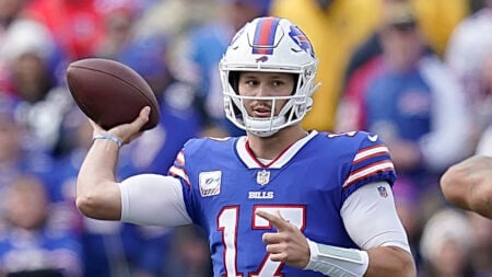 Josh Allen makes a throw during Bills vs Steelers OCT 9