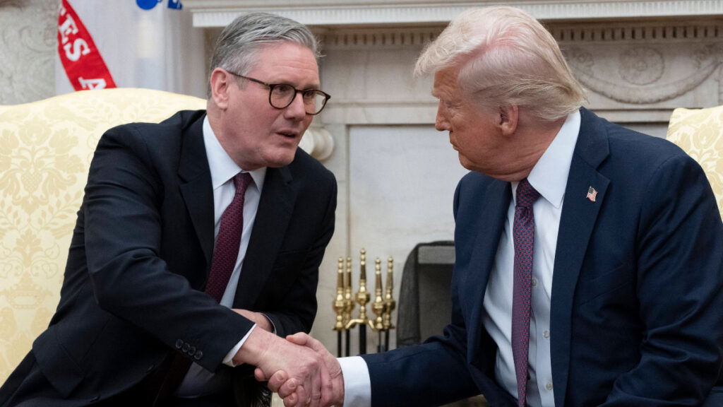 United States President Donald J Trump and Prime Minister Keir Starmer of the United Kingdom, discuss an invitation from King Charles inviting Trump to visit the United Kingdom, in the Oval Office of the White House in Washington, DC.