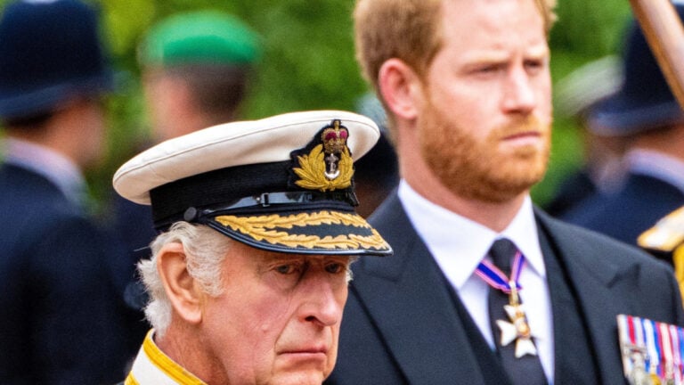 King Charles and Prince harry at the funeral of the late Queen Elizabeth II.