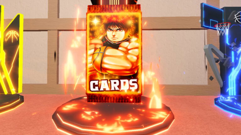 A flaming pack of cards with a flexing figure in the center in Kuroku's Basket Showdown Roblox