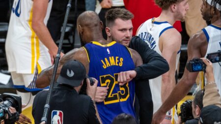 LeBron James hug Luka Doncic after Lakers win