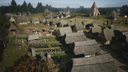 A bird-eye view of village rootops in Manor Lords