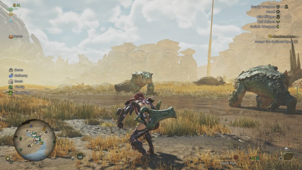 The player's HP bar which flashes red when a monster prepares a big attack in Monster Hunter Wilds