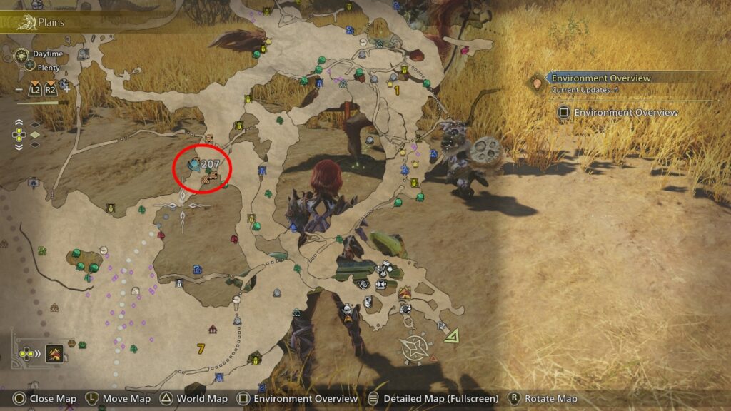 The player uses their map to track a material