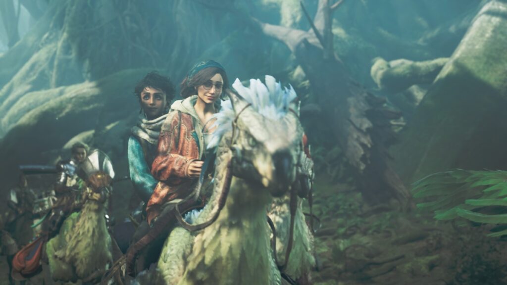 A hunter and their Seikret adorned with accessories in Monster Hunter Wilds