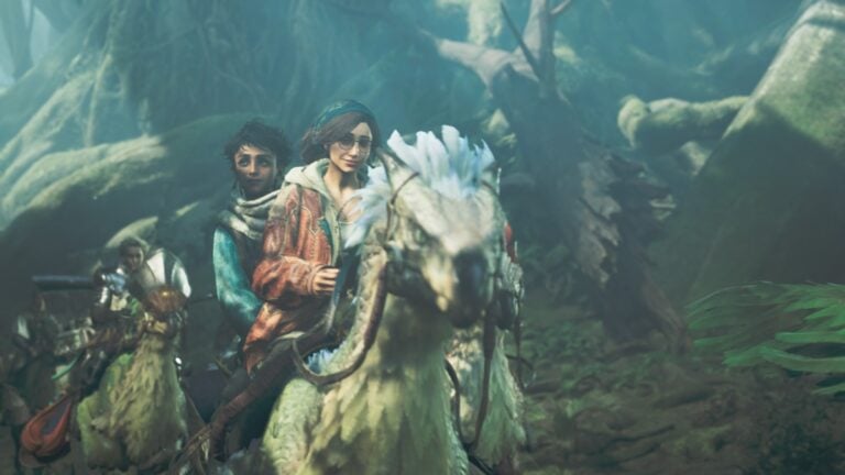 A hunter and their Seikret adorned with accessories in Monster Hunter Wilds