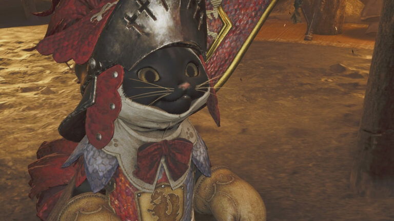 A close-up of a Palico with a black muzzle wearing a cute knight's costume