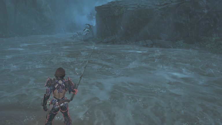 A hunter casts their rod into a stormy lake in Monster Hunter Wilds